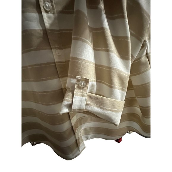 Chico’s size 3(XL/16) tan stripe cuffed 3/4 sleeve button front top - Picture 2 of 7